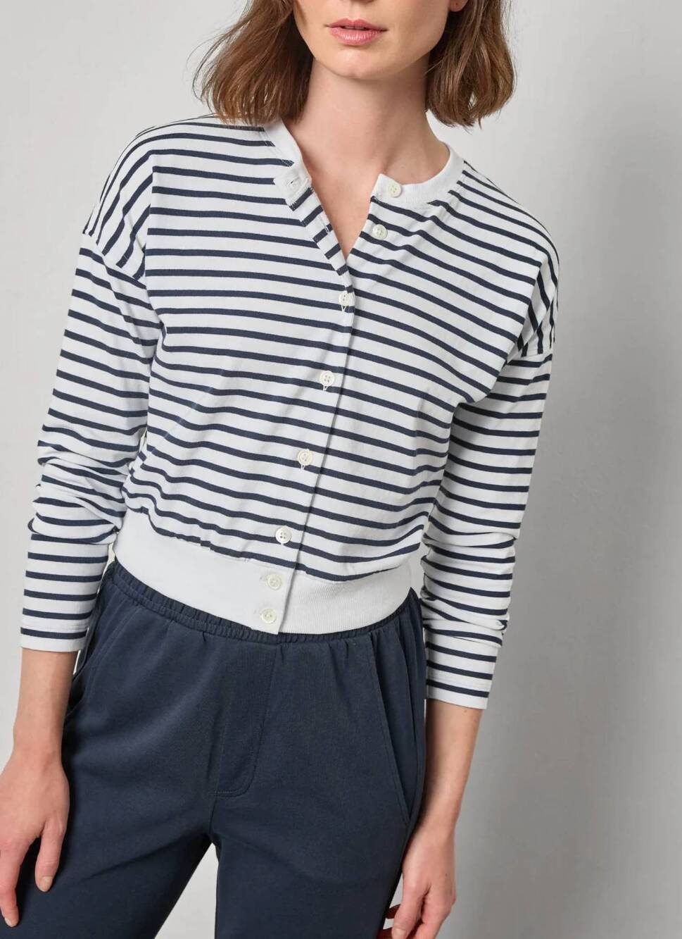NEW LILLA P rib trim cardigan in navy stripe
